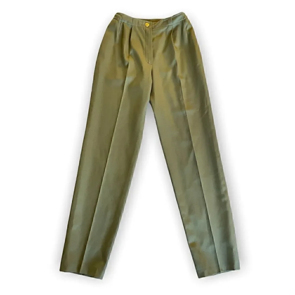 VINTAGE CHANEL Military Green Stunning High-Waisted Wool & Silk Tailored Pants